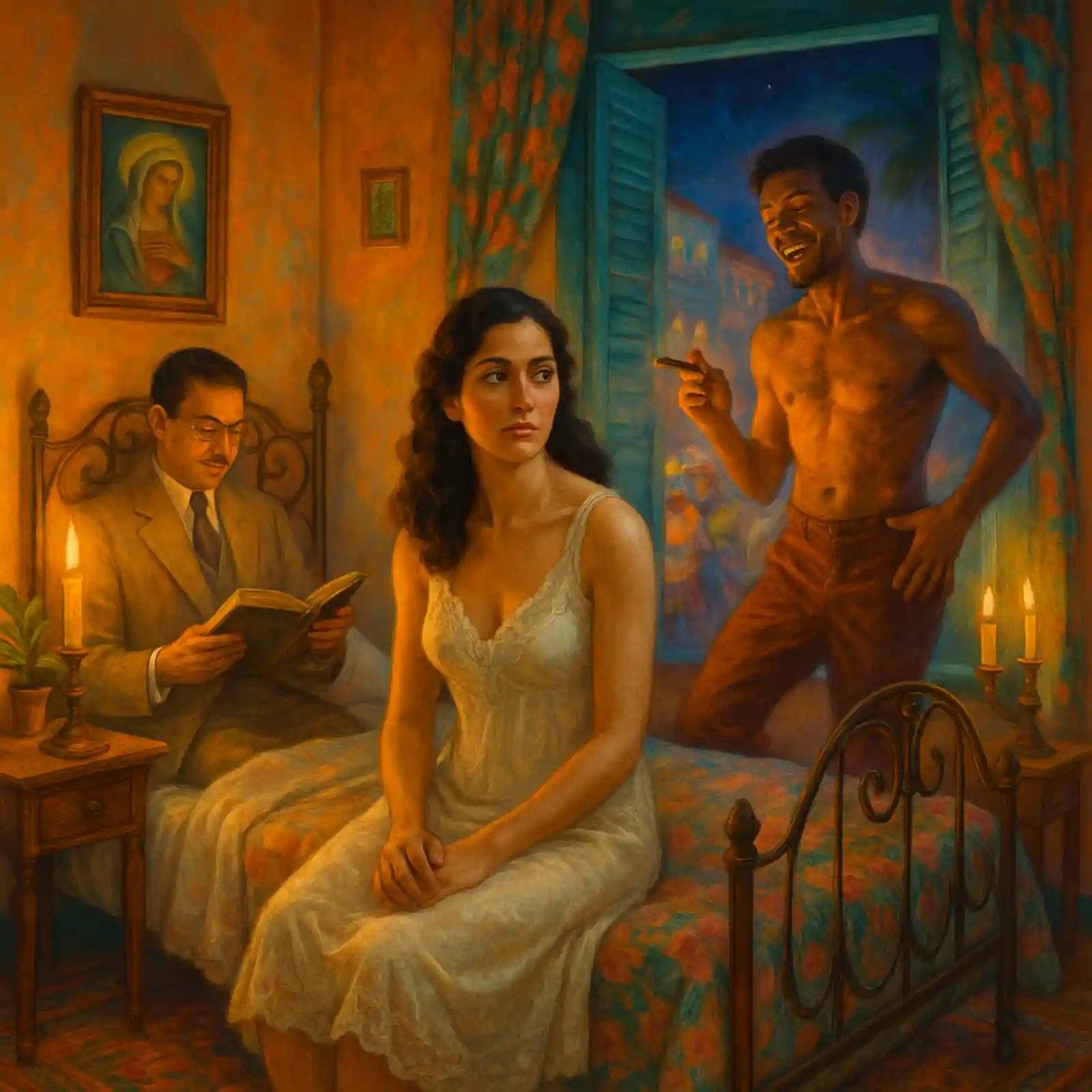 Illustration pour Dona Flor et ses deux maris : Flor est assise sur un lit éclairé à la lueur des bougies, tandis qu’un homme en costume lit et qu’un autre, torse nu et souriant, tient un cigare.