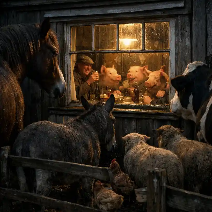 Illustrations illustrant les scènes narratives de La Ferme des animaux de George Orwell