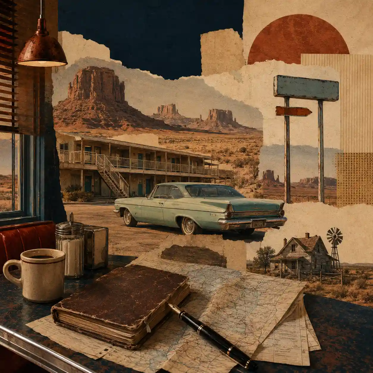 Editorial collage on American literature Editorial collage on American literature with a notebook on a diner counter, motel, gas station, vintage car, farmhouse and desert mesas.