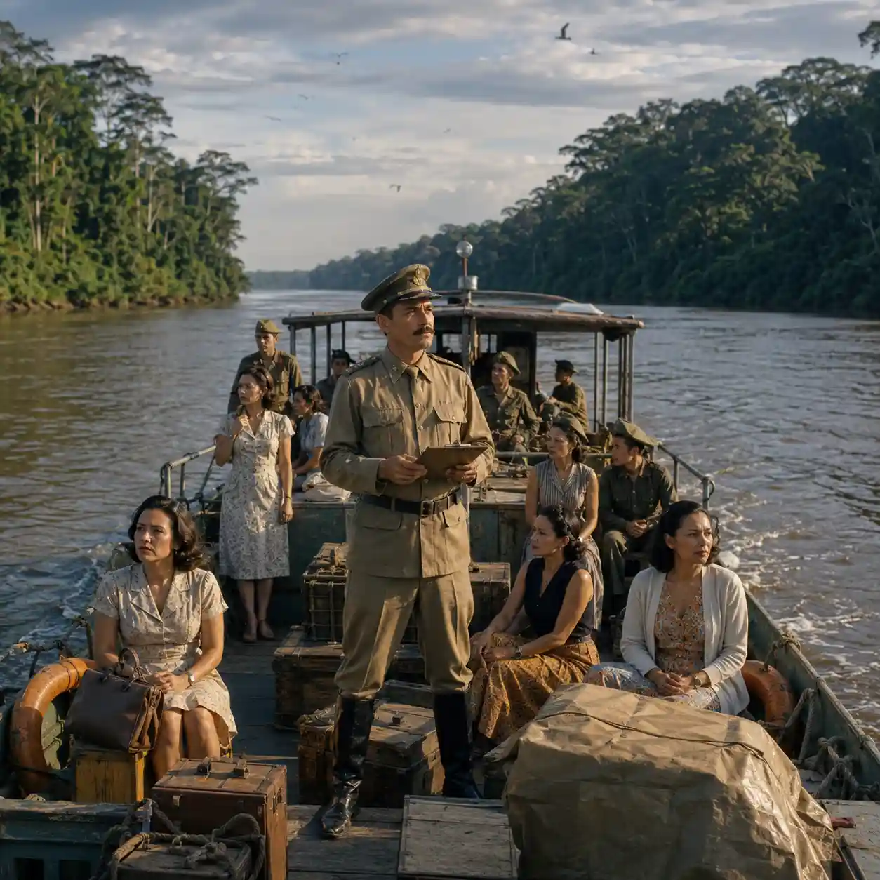 Illustration for the novel Illustration for the novel : A weathered riverboat travels along the broad Amazon near Iquitos toward a remote military outpost. Captain Pantoja stands rigidly on deck with a clipboard, supervising every detail of the supposedly secret operation. Around him are several confidently dressed adult civilian women of the “Special Service,” portrayed with dignity and individuality rather than sexualized, along with discreet military supplies and nervous young soldiers. Dense rainforest rises from both banks, tropical birds cross the hazy sky and warm afternoon light reflects from the brown water.