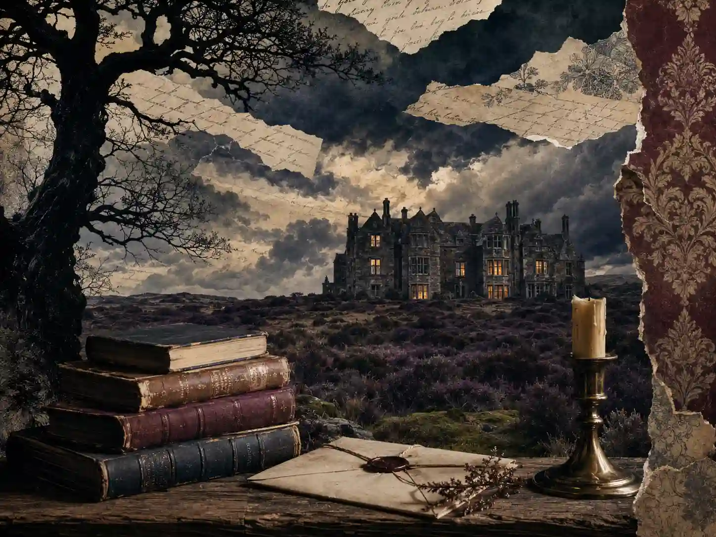 Editorial collage Editorial collage with an English manor in purple moorland, aged novels, a sealed letter, brass candlestick, ancient oak and Victorian wallpaper.