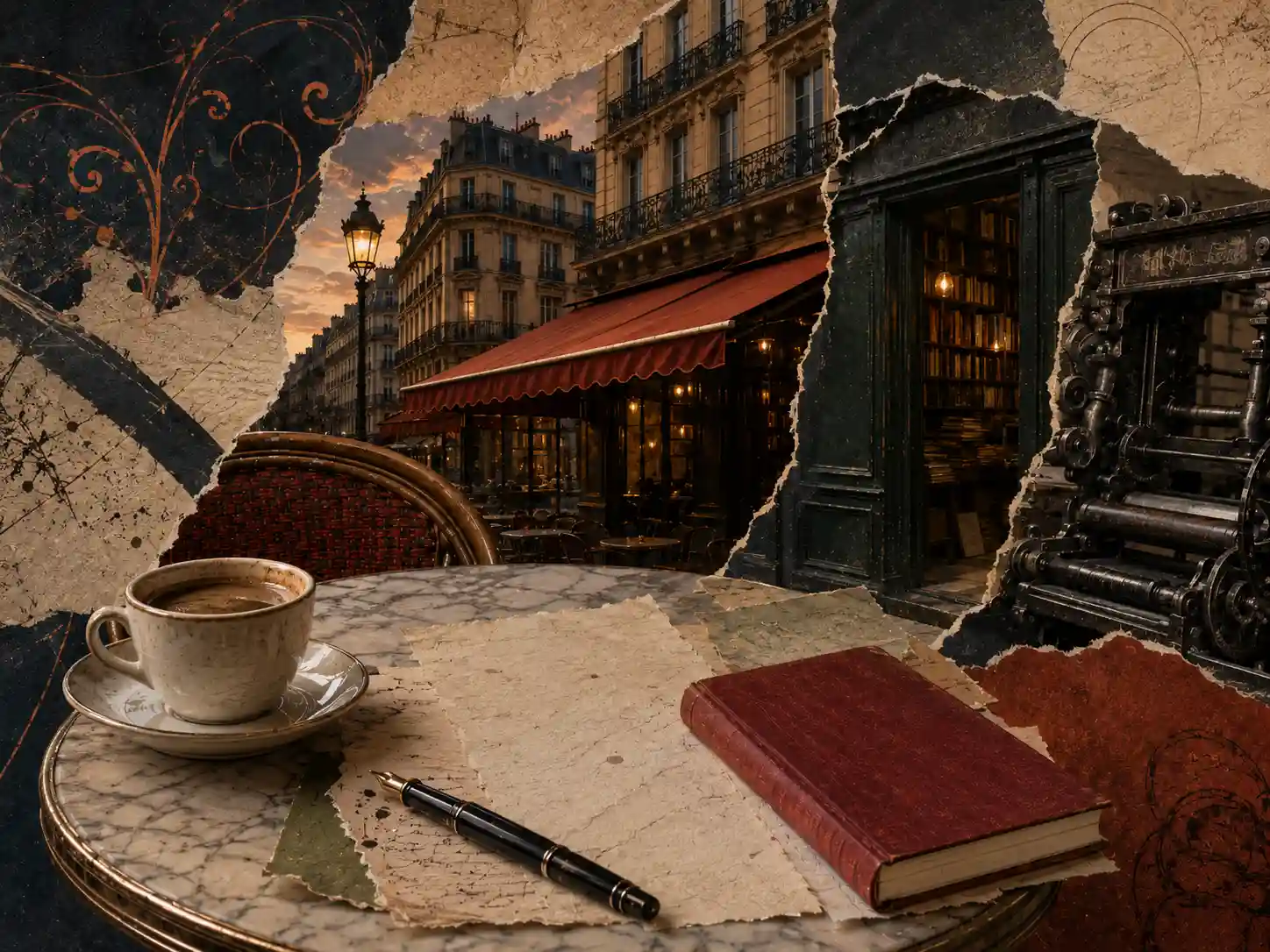 Colagem editorial sobre literatura francesa com mesa parisiense de mármore, café, manuscrito, livro vermelho, fachadas haussmannianas, café literário e livraria antiga.