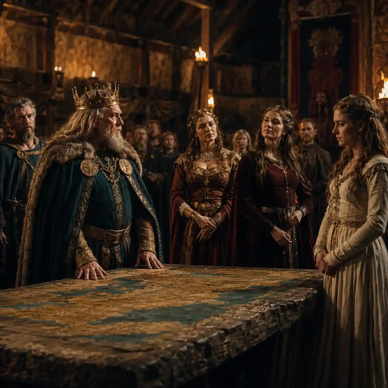 Illustration - Inside a vast torchlit royal hall in legendary pre-Roman Britain, the aged King Lear stands before a large hand-painted map spread across a stone table, preparing to divide his kingdom. Lear is physically powerful but visibly old, dressed in a heavy fur-lined cloak and an ancient gold crown. Goneril and Regan address him with composed theatrical confidence, while Cordelia stands apart in quiet honesty, refusing to flatter him. Kent watches with growing alarm as courtiers remain frozen in uncomfortable silence. The map, the spatial separation of the daughters and Lear’s wounded pride should tell the story without written words.