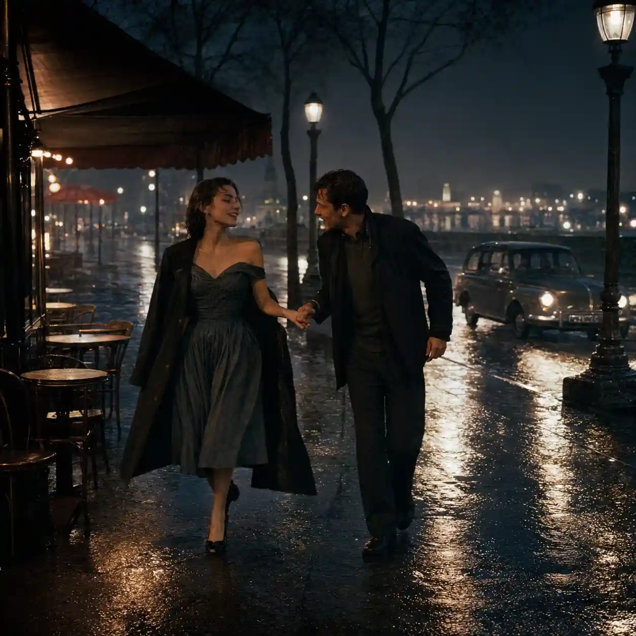 Illustration for That Mad Ache (La Chamade) Illustration for That Mad Ache: Lucile and Antoine wander through rain-washed Paris late at night in the early 1960s, newly intoxicated by one another’s company. Lucile, an elegant French woman around thirty, has abandoned her formal evening coat over one shoulder and laughs as Antoine, a younger struggling editor in a modest dark jacket, leads her across an almost empty boulevard. Café lights glow on wet pavement, a small vintage car passes through the mist and the Seine is faintly visible beyond the trees. Their spontaneous movement suggests freedom, desire and temporary escape from wealth and convention.