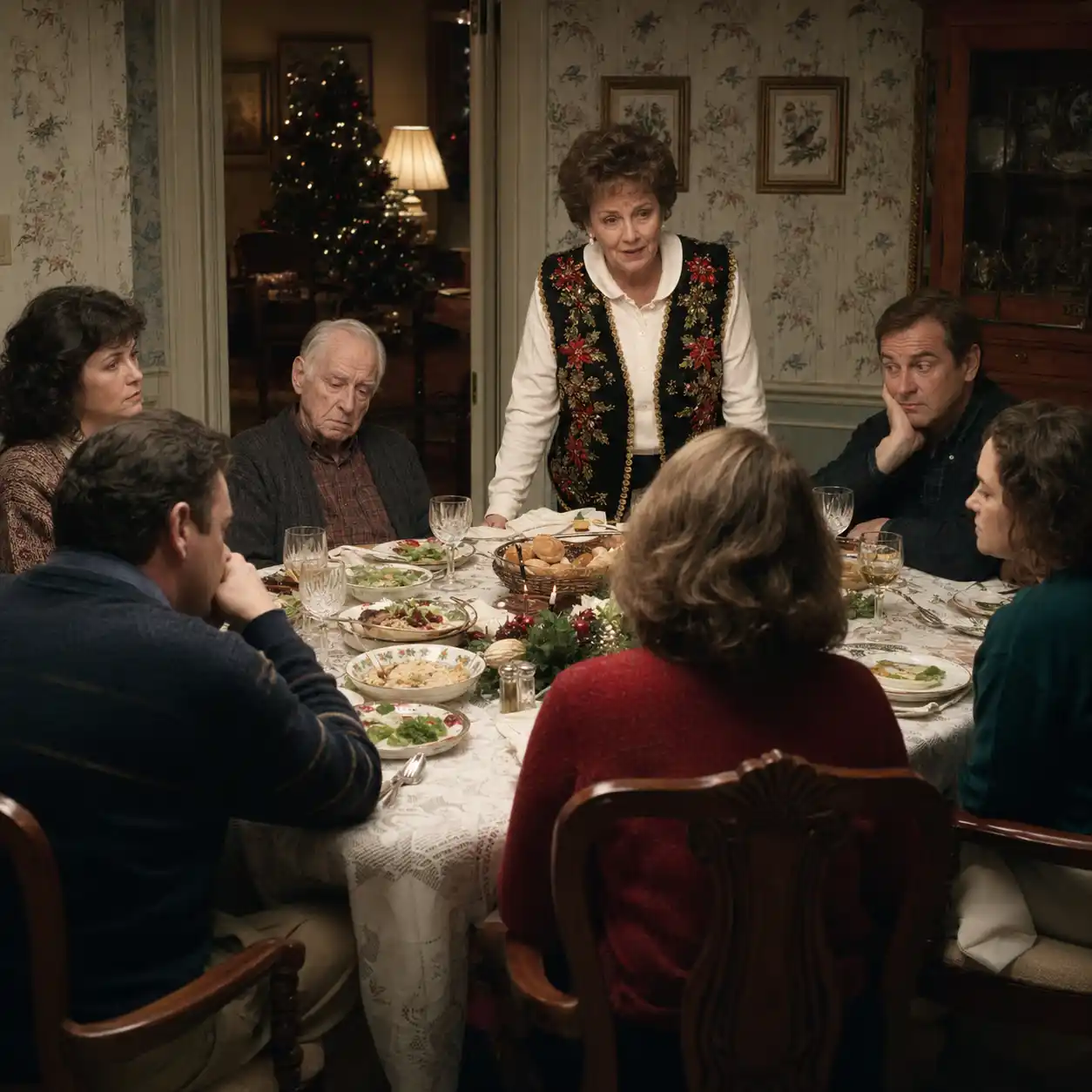 Eine Szene aus Die Korrekturen: Die Familie Lambert hat sich zu einem letzten gemeinsamen Weihnachtsfest in einem Esszimmer im Mittleren Westen versammelt. Enid versucht, Wärme und Ordnung aufrechtzuerhalten, während Alfred gebrechlich und distanziert dasitzt und die erwachsenen Kinder hinter ihrem höflichen Festtagsverhalten sichtbare Anspannung verbergen. Der Raum wirkt wohlhabend, aber gewöhnlich, voller weihnachtlicher Details, Essen, Lampenlicht und emotionaler Anspannung.