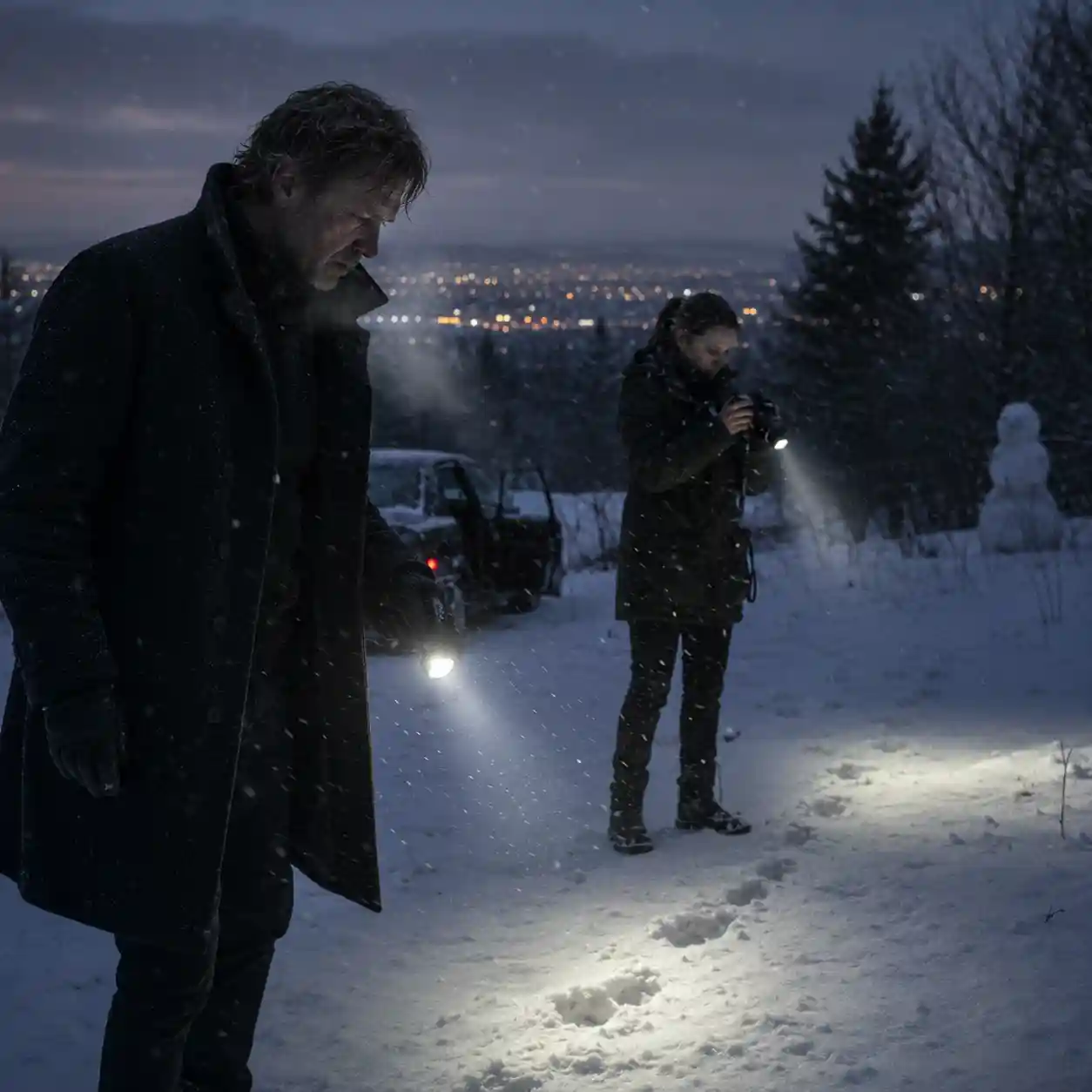 the-snowman-nesbo Illustration The Snowman by Jo Nesbø’: a tall, lean, weathered middle-aged Norwegian man with tired eyes, untidy dark-blond hair and a heavy charcoal winter coat, accompanied by detective Katrine Bratt in practical cold-weather clothing. Their flashlights illuminate faint tracks leading from an abandoned car toward a snowman standing beside the dark tree line. Dense snow falls through the beams while distant city lights glow beneath a low winter sky. Harry studies the scene with exhausted concentration as Katrine photographs the evidence.