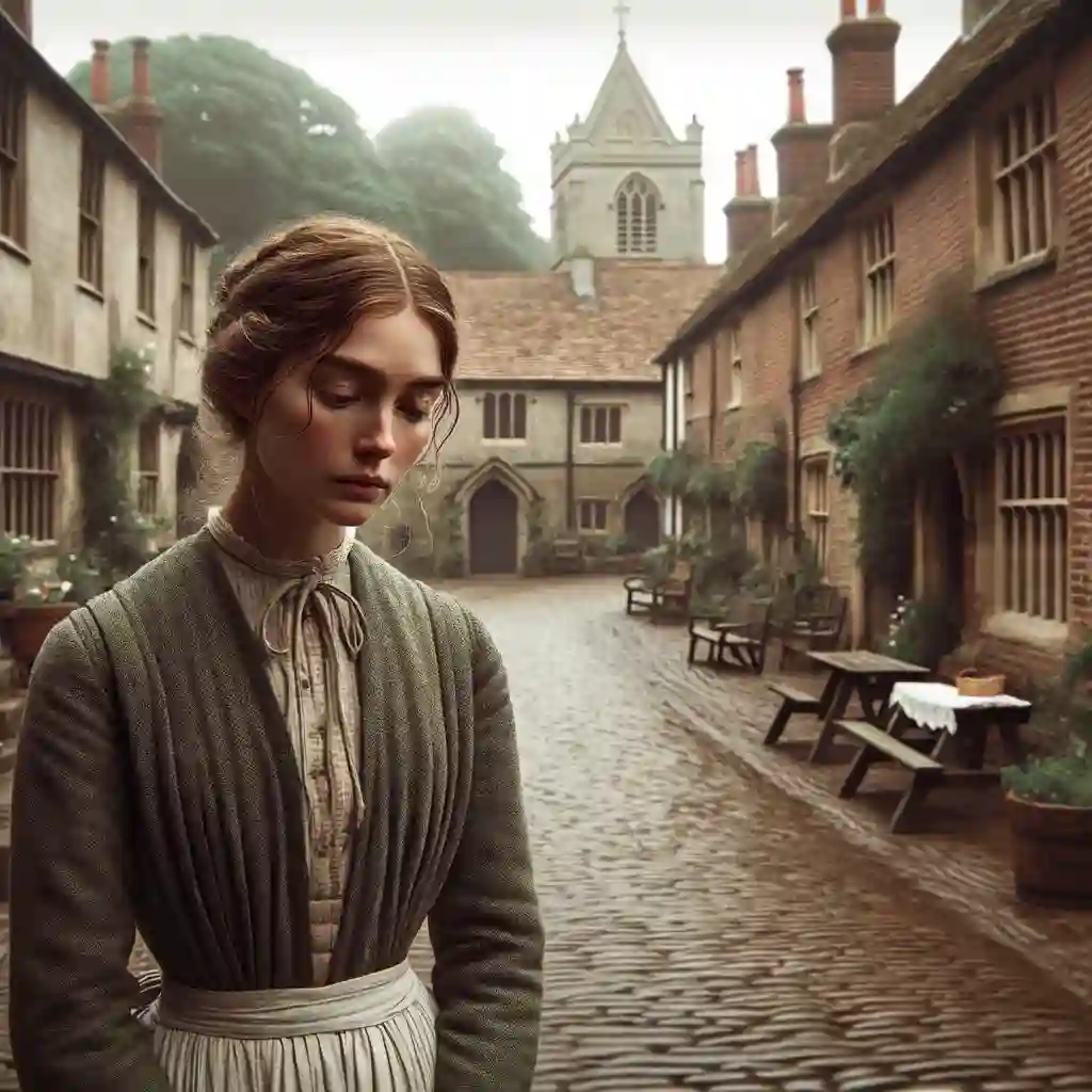 Illustration pour Une fille de pasteur Illustration pour Une fille de pasteur : une jeune femme à l'air abattu, vêtue d'une robe grise sobre et d'un tablier, se tient dans une rue pavée de village bordée de vieilles maisons, au pied du clocher d'une église.