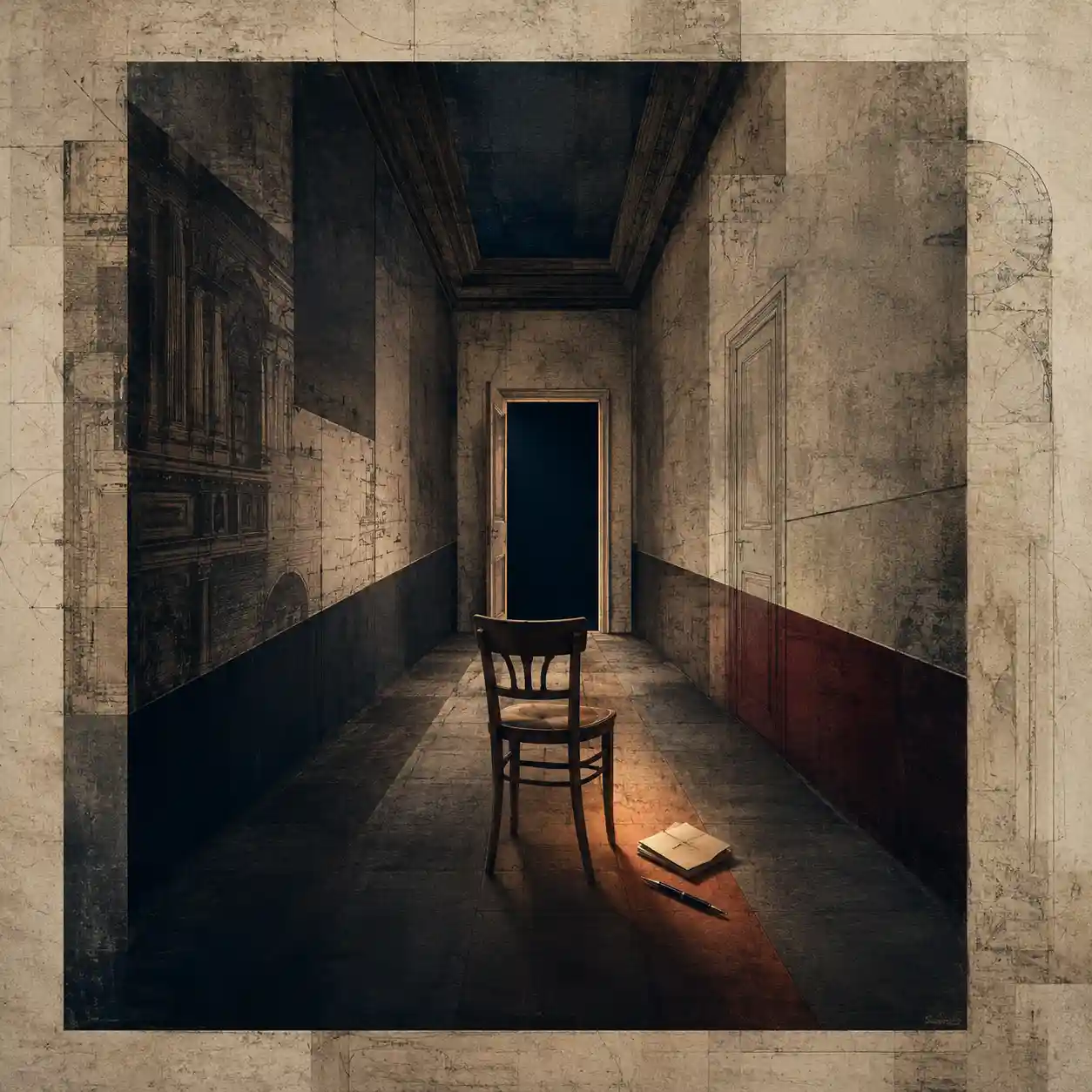 Illustration pour la littérature existentielle Illustration pour la littérature existentielle : un couloir en papier sombre avec une chaise en bois vide face à une porte bleue ouverte, une deuxième porte à peine visible, un manuscrit plié et un stylo-plume noir.
