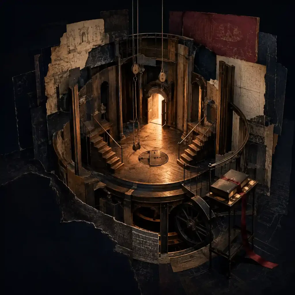 Sección transversal editorial de un teatro con un escenario circular, escaleras, una trampilla, cuerdas suspendidas, una puerta iluminada y un guion cerrado.
