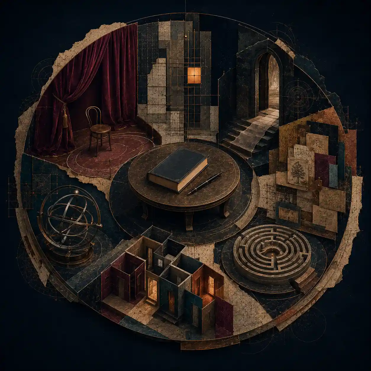 Scène circulaire associant un fauteuil de théâtre vide, une grille de commande, un seuil, un mur d’archives, un labyrinthe, des salles narratives et un anneau métallique autour d’une table de lecture centrale.