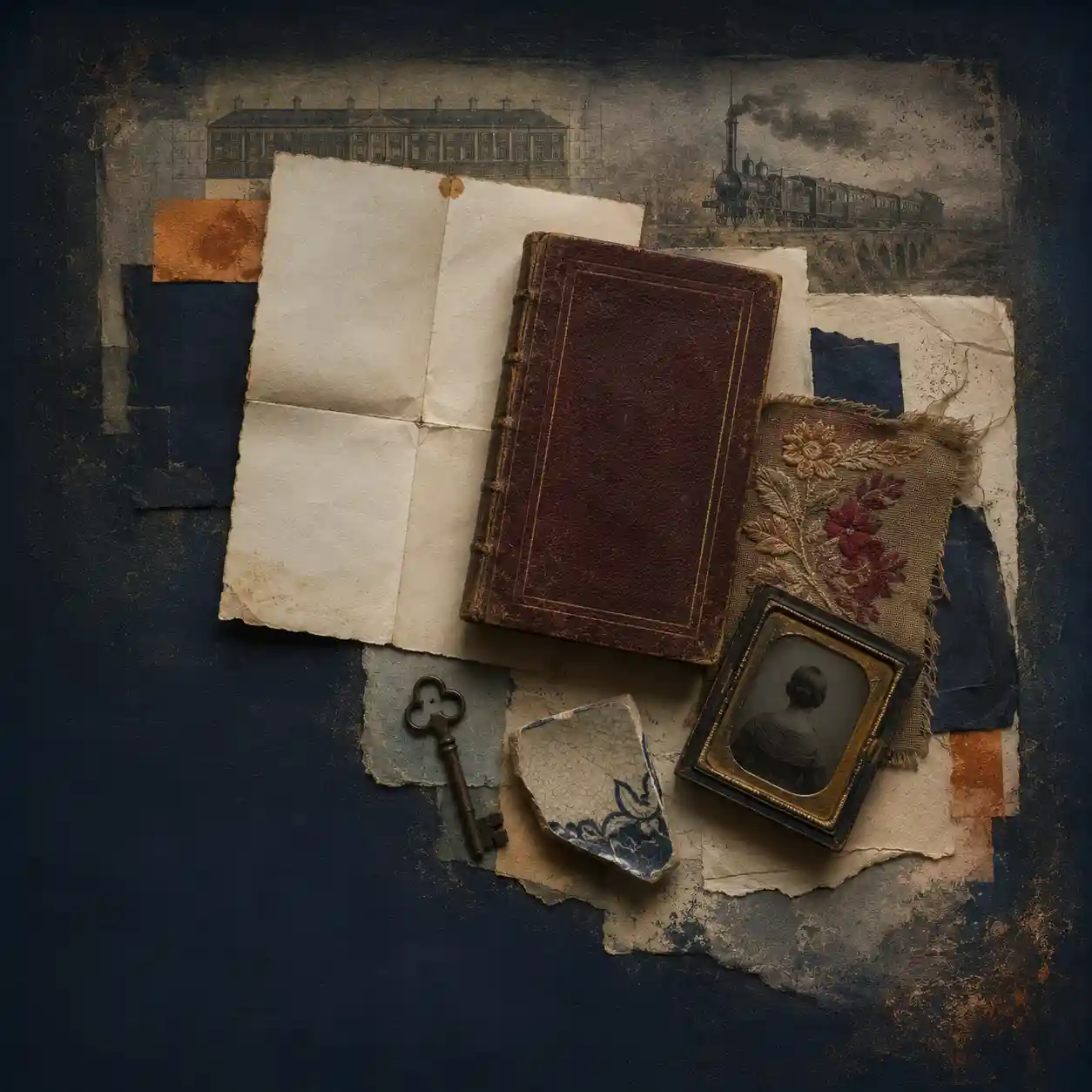 Novelas históricas Novelas históricas: Mesa de conservación vista desde arriba con una carta, un fragmento de tela, una llave antigua, un daguerrotipo de espaldas, un fragmento de cerámica, un libro de cuero y un grabado descolorido de un tren de vapor.