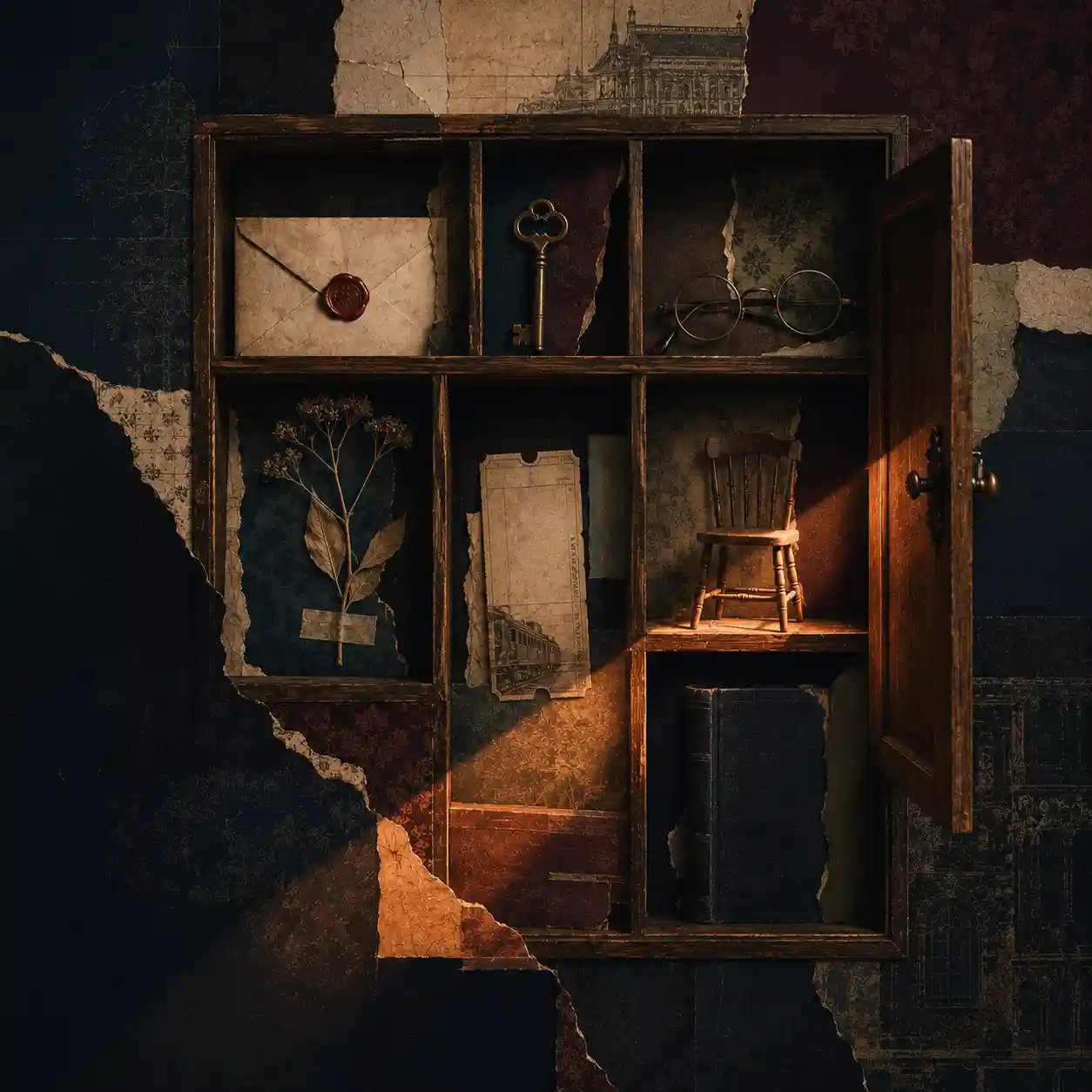 Illustration pour romans Illustration pour romans : un meuble à sept compartiments contenant une lettre, une clé, des lunettes, une plante, un billet, une chaise miniature vide et un livre sombre, comme autant de traces de différents personnages de romans.