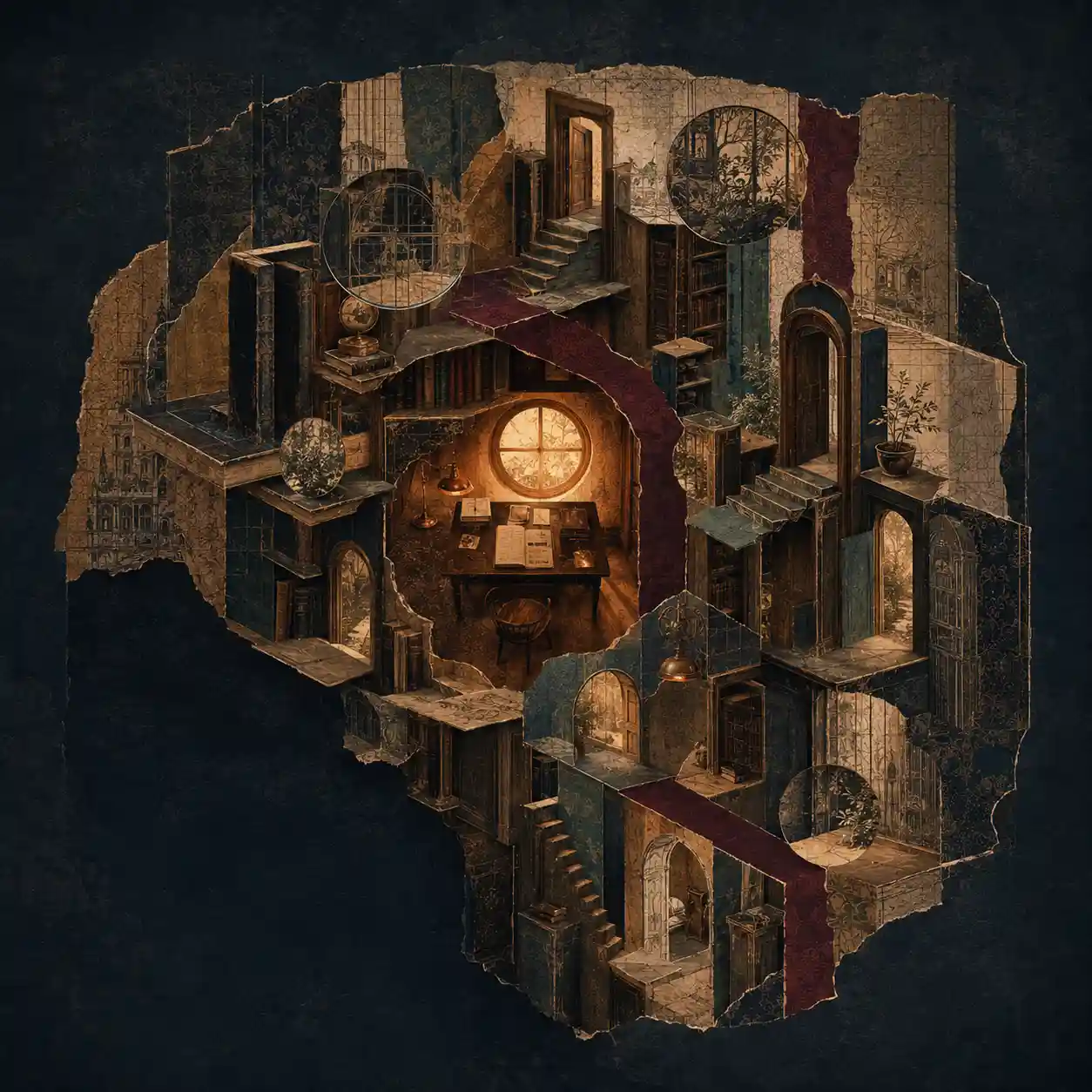 Illustration pour le genre Illustration pour le genre : architecture narrative abstraite composée de dos de livres, de portes, de fenêtres, d’escaliers et de quais, avec une fenêtre éclairée, un petit bureau et des formes circulaires récurrentes.