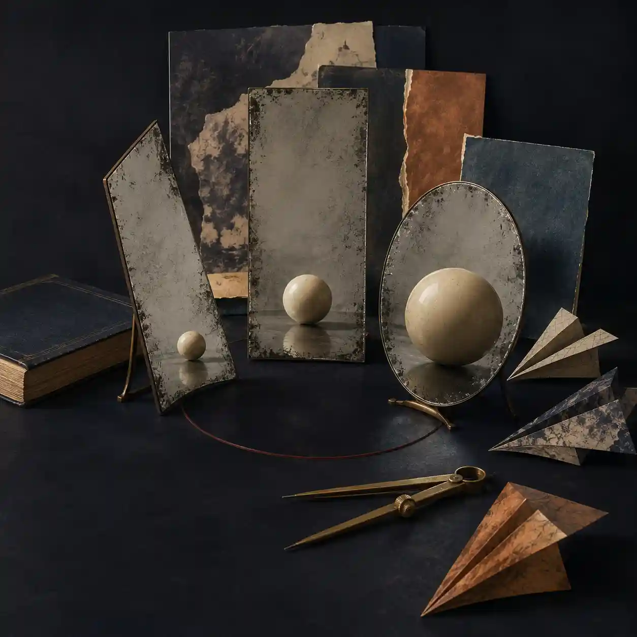 Illustration Illustration : trois miroirs anciens reflètent la même sphère d’ivoire sous différents angles ; à côté d’eux se trouvent un livre, un compas à diviseurs, des morceaux de papier pliés et un cercle bordeaux.