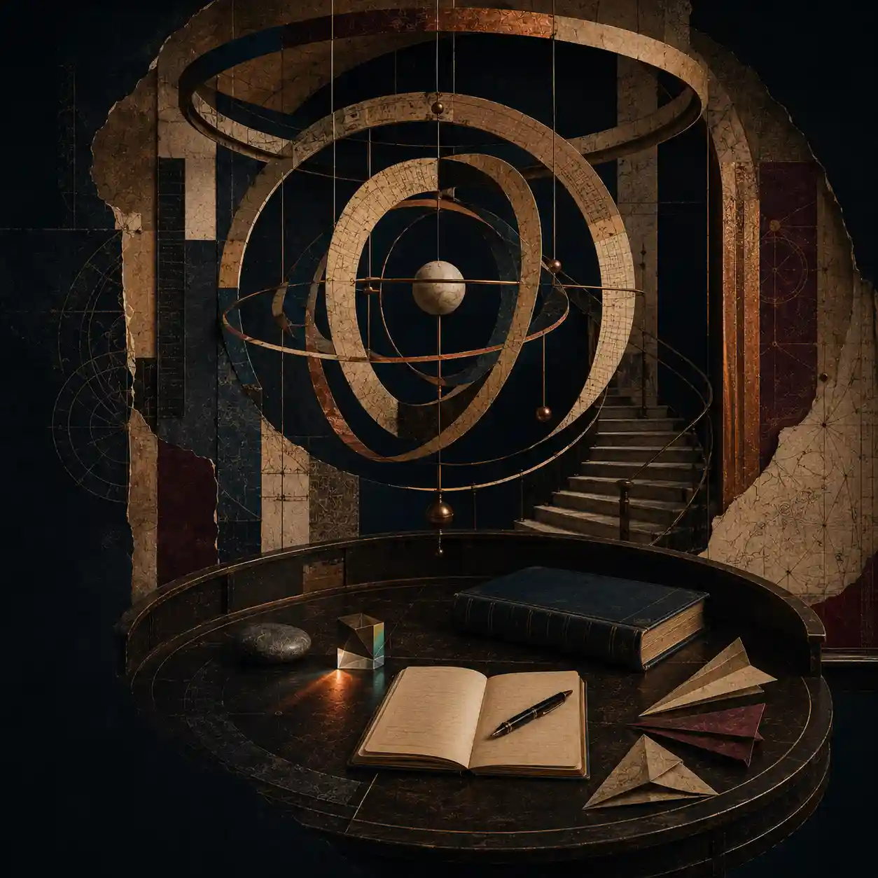 Littérature philosophique Littérature philosophique - Observatoire de la pensée circulaire avec des anneaux en papier et en laiton suspendus, un bureau, un cahier vierge, une pierre, un prisme et un escalier menant vers l’obscurité.