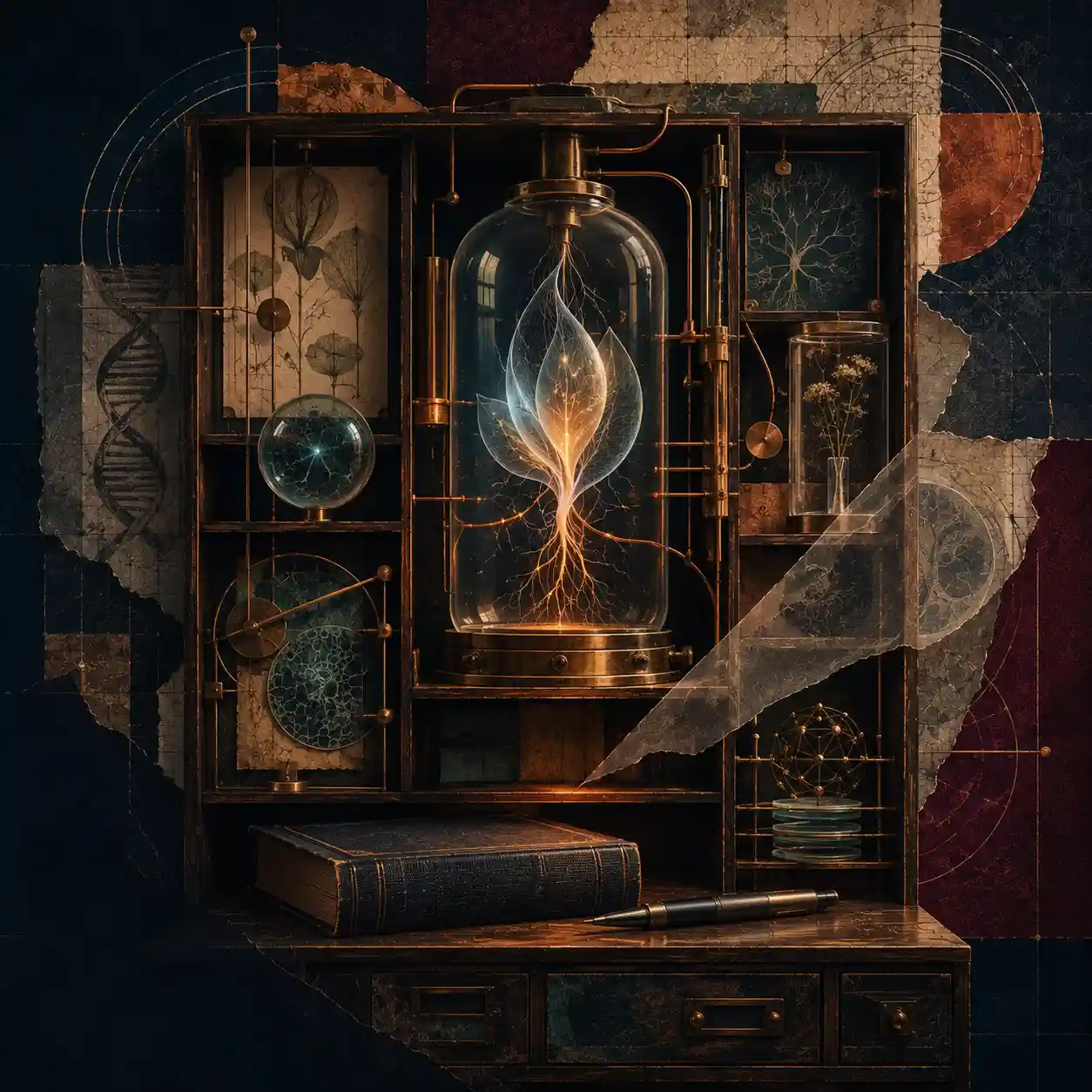 Sci-Fi: Dunkles Archiv der Zukunft mit einer leuchtenden, samenähnlichen Struktur in einem Glasgefäß, Kupferfäden, Papierschaltungen, botanischen Stichen, einem Buch und einem technischen Stift.