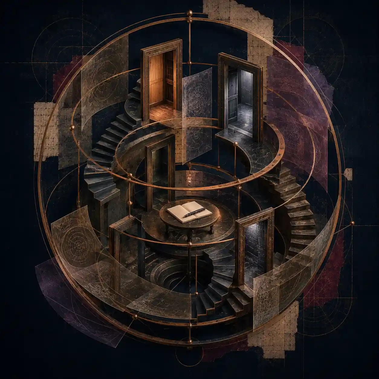 Science-Fiction – Architektur der Zeit, aufgebaut aus konzentrischen Messingringen, Treppen und schwebenden Türen, die denselben Raum aus Holz, Metall und Stein um einen zentralen Schreibtisch herum zeigen.