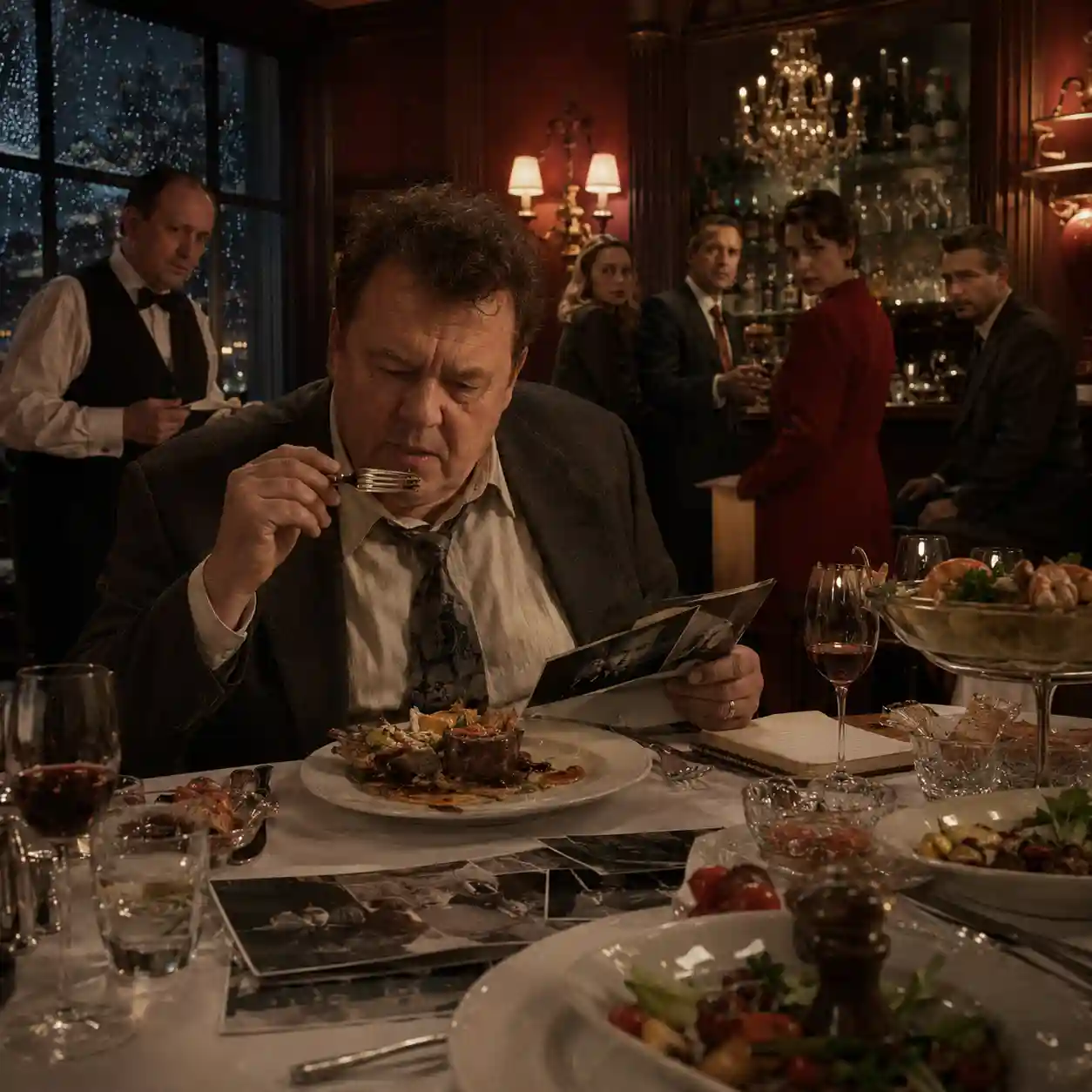 Mordshunger - Illustration: Commissioner Romanus Cüpper conducts a murder investigation from a sophisticated Cologne restaurant in the early 1990s. The stocky detective sits at a white-clothed table with a magnificent multi-course meal arranged before him, studying discreet photographs and handwritten notes while lifting a fork with complete concentration. In the softly focused background, an anxious waiter and several fashionable suspects exchange guarded looks near the bar. Through the window, rainy Cologne streets glow beneath evening lights. The scene feels like culinary noir: appetite, vanity, money and murder occupying the same elegant room.