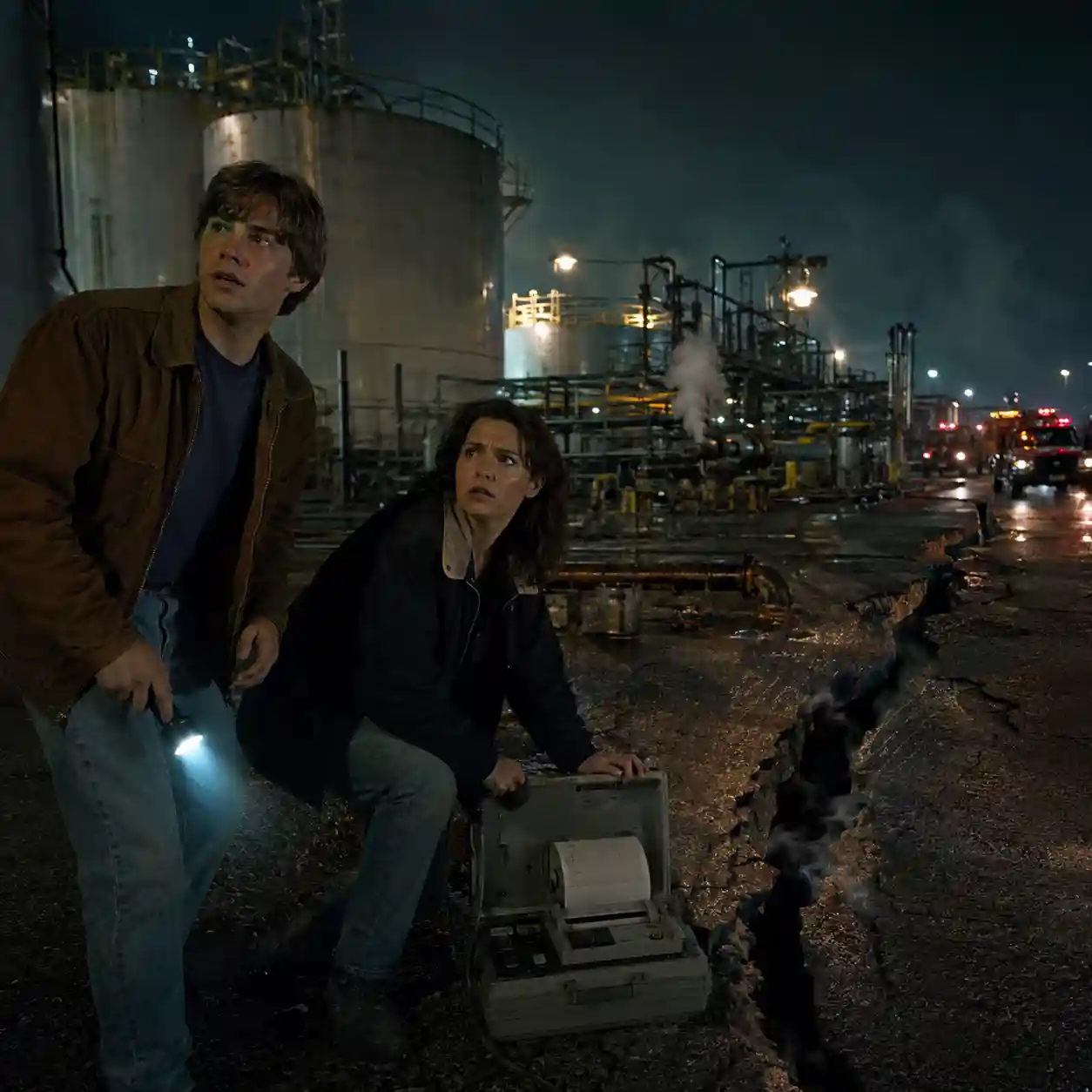 A scene from the novel: A minor earthquake ripples through a petrochemical facility outside Boston at night. Asphalt splits beneath pipes and storage tanks, warning lights swing violently and steam escapes from a joint, but there is no large explosion. In the foreground, seismologist Renée Seitchek steadies a portable seismic instrument while Louis Holland shines a flashlight across the new fissure. Both stare toward the industrial complex as if recognizing a disturbing connection between the tremors and human activity. Emergency vehicles approach in the far distance beneath a low, polluted sky.
