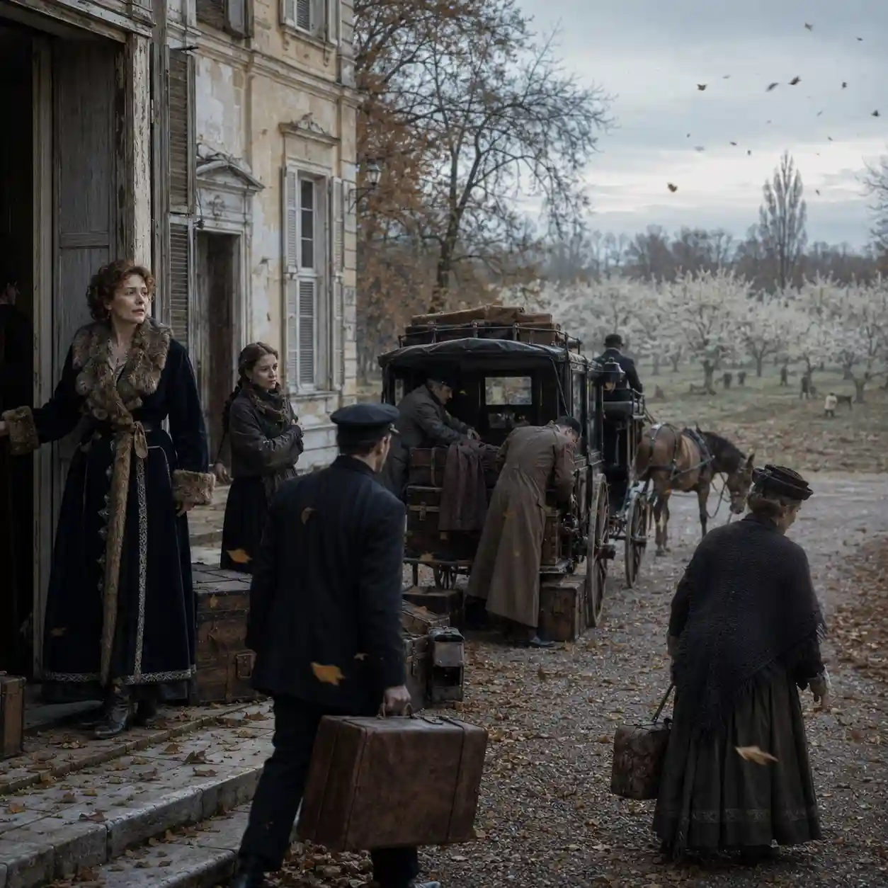 Illustration: Russian family prepares to leave its ancestral estate on a cold autumn afternoon around 1900. A carriage loaded with luggage waits on the drive while Lyubov Ranevskaya pauses at the open door and looks back toward the distant cherry orchard. Her relatives and servants move around her in subdued silence. Between the pale trees, a few small figures carrying axes can barely be seen, suggesting the orchard’s coming destruction without showing it directly. Fallen leaves cross the gravel in the wind, and the once-grand house already appears shuttered and abandoned.