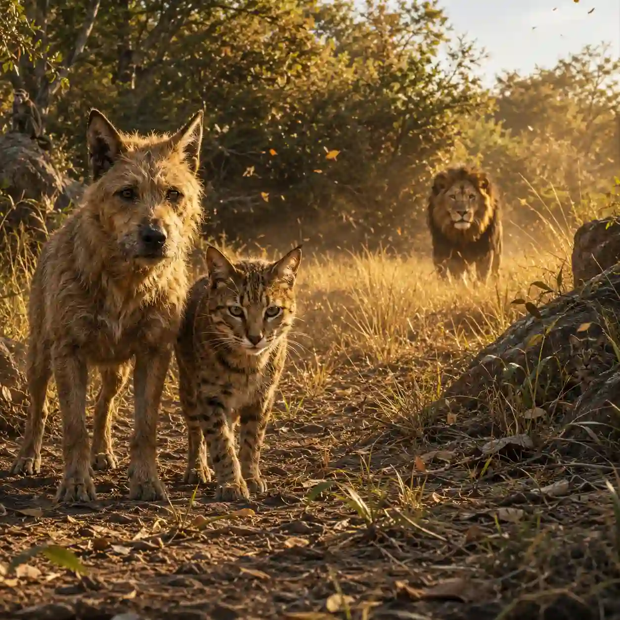 Illustration : A large lion suddenly emerges from tall golden grass at the edge of the forest, stopping the argument between the small Brazilian wildcat and the scruffy hill dog. Instead of running or continuing to quarrel, the two smaller animals stand shoulder-to-shoulder in the foreground, tense but determined, discovering courage through unity. The lion remains several meters away, imposing but not attacking, illuminated by warm late-afternoon sunlight. Leaves and dust move through the air as the surrounding woodland animals watch from safe hiding places.