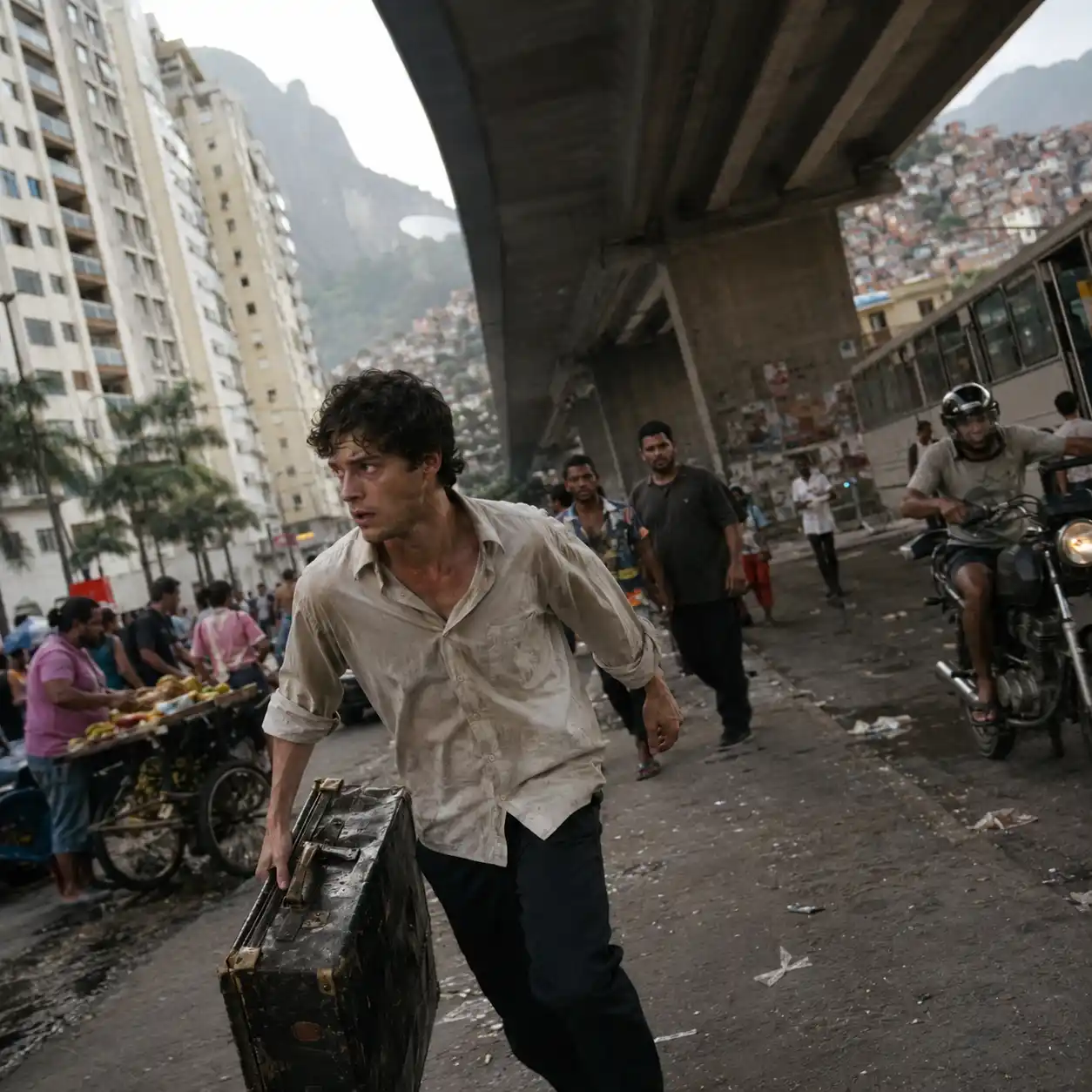 A Scene from the book : A disoriented young man from a formerly wealthy Brazilian family moves through a chaotic, unnamed city unmistakably resembling Rio de Janeiro. He carries a battered suitcase while hurrying beneath a concrete overpass between two radically different worlds: elegant apartment towers rise on one side, while crowded improvised housing climbs the hillside on the other. Motorcycles, buses, street vendors and suspicious figures create a swirling sense of movement around him. His expression combines paranoia, exhaustion and uncertainty about whether anyone is truly following him.