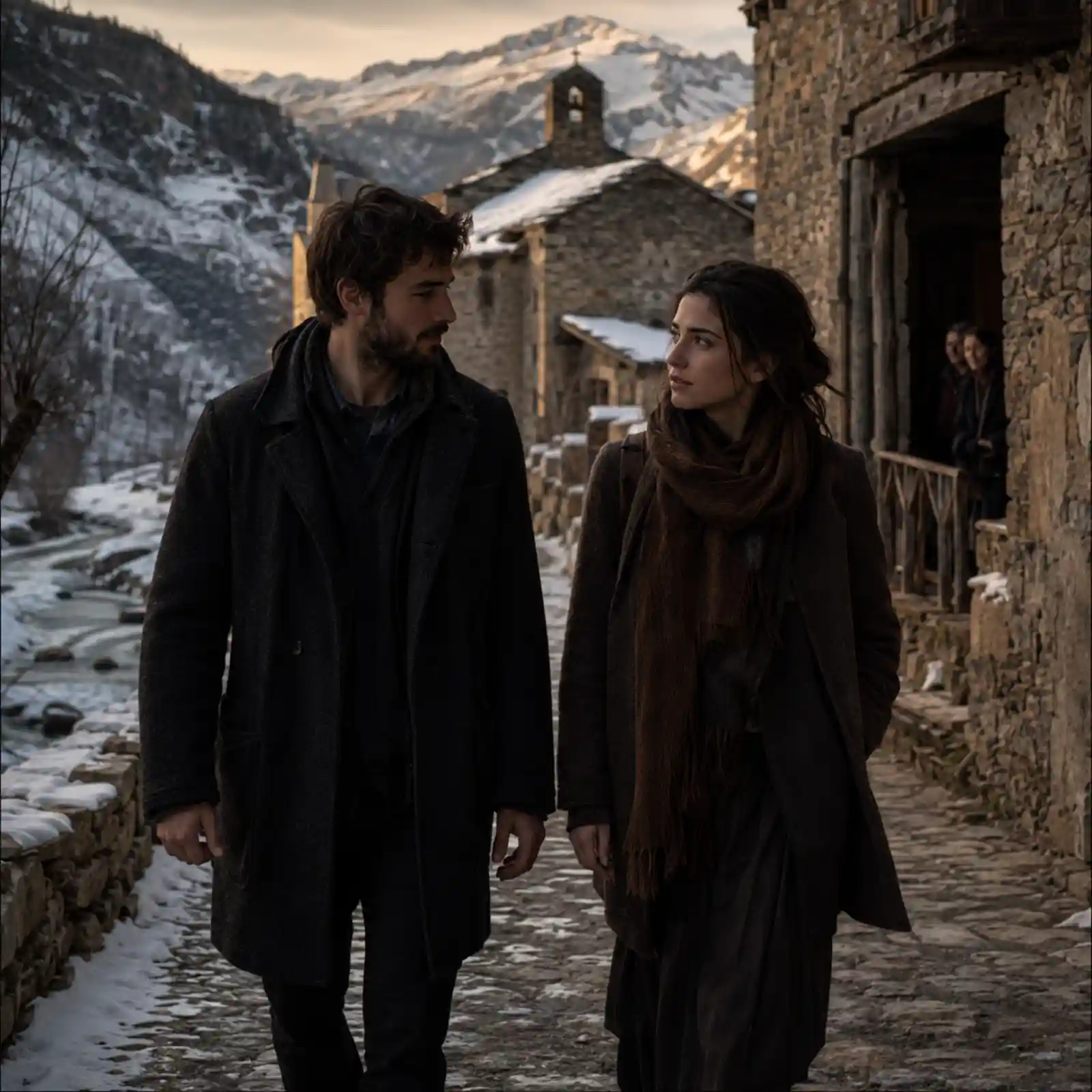 Picture for the work Picture: Pilar and her unnamed childhood love walk together through a remote stone village in the snow-dusted French Pyrenees. He is now a charismatic young spiritual teacher, dressed simply in a dark wool coat, while Pilar walks beside him with a mixture of affection and uncertainty. Ahead stands a small ancient sanctuary illuminated by warm evening light; mountain peaks and a frozen stream fill the background. Their hands nearly touch but remain slightly apart, capturing the tension between romantic love, personal freedom and spiritual commitment. A few villagers watch quietly from a doorway without turning the moment into a public spectacle.