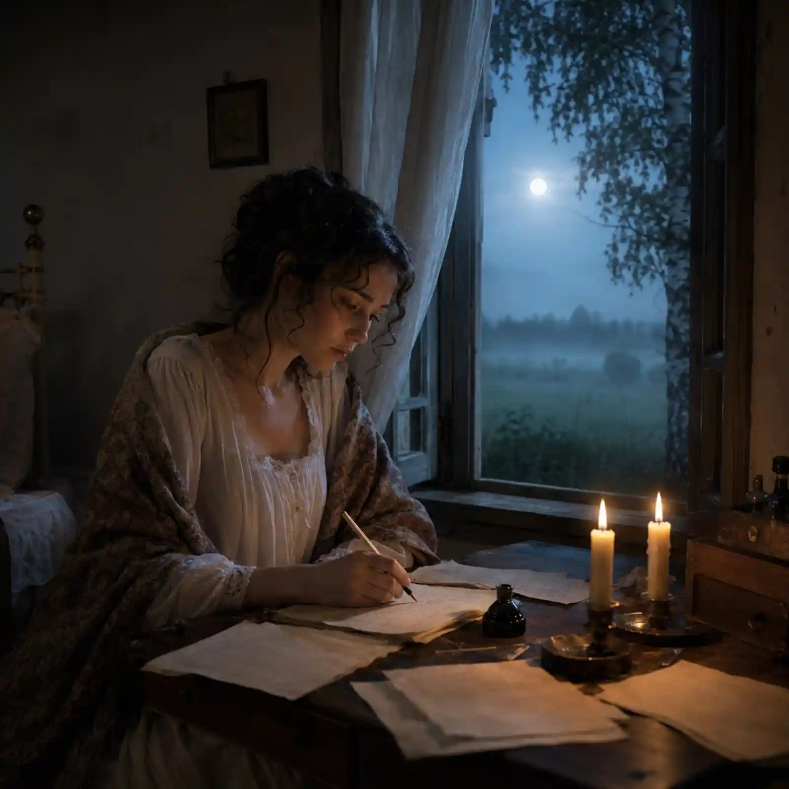 Tatyana Larina sits alone at a small writing desk in her bedroom on a Russian country estate during a warm summer night in the 1820s. Wearing a simple white nightdress and a loosely draped shawl, she writes an intensely personal letter to Eugene Onegin by the light of two candles. Several discarded blank sheets lie beside an inkwell, while moonlight enters through an open window overlooking birch trees and mist-covered fields. Tatyana’s expression combines hope, fear and complete emotional honesty.