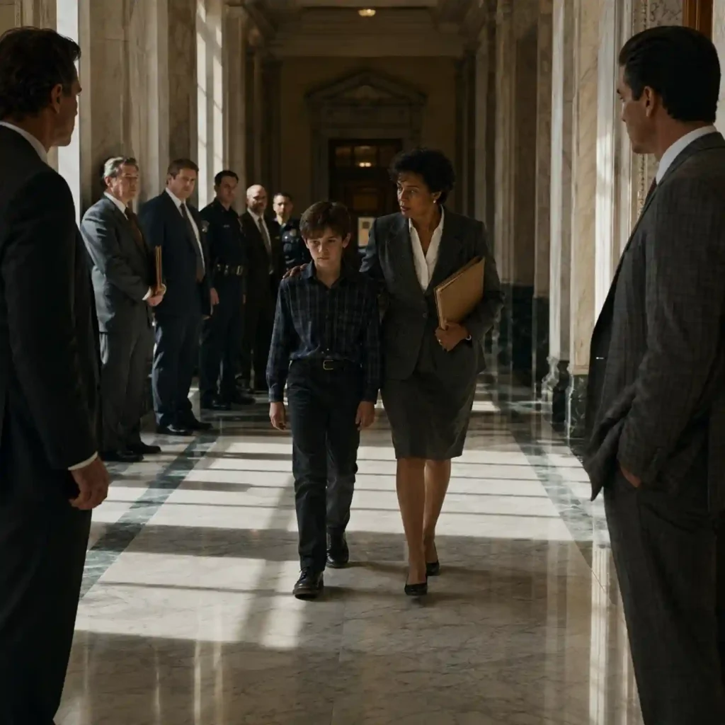 The Client by Grisham: Eleven-year-old Mark Sway walks through a crowded Memphis courthouse beside his attorney Reggie Love, an intelligent, determined middle-aged woman in a modest early-1990s business suit. Reggie keeps one protective hand near Mark’s shoulder while carrying a thick legal folder with no readable writing. Federal prosecutors and police officers wait at one end of the marble corridor; two elegantly dressed but threatening mob associates observe from the opposite end. Mark appears frightened yet stubborn, caught between institutions that all want the secret he carries. Strong window light creates long dividing shadows across the corridor.