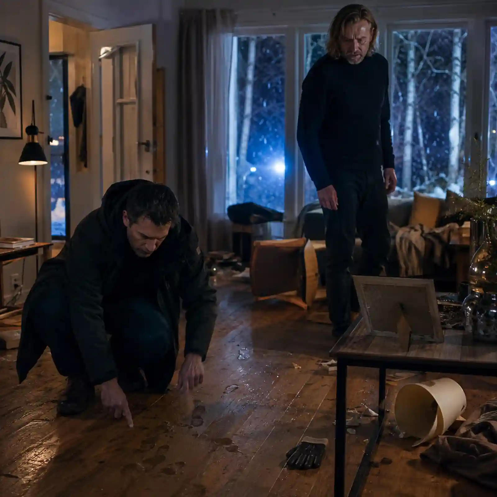 A Scene from the novel by Lars Kepler A Scene from the novel by Lars Kepler: Detective Joona Linna and hypnotist Erik Maria Bark stand inside the ransacked living room of the Bark family home after Erik’s teenage son has disappeared. A broken lamp, an overturned chair, a dropped winter glove and an open door leading into falling snow suggest a sudden abduction without showing violence. Joona examines faint wet footprints on the wooden floor while Erik remains frozen near a family photograph turned face down on a table. Blue police lights pulse softly through the windows, mixing with warm light from the damaged room.